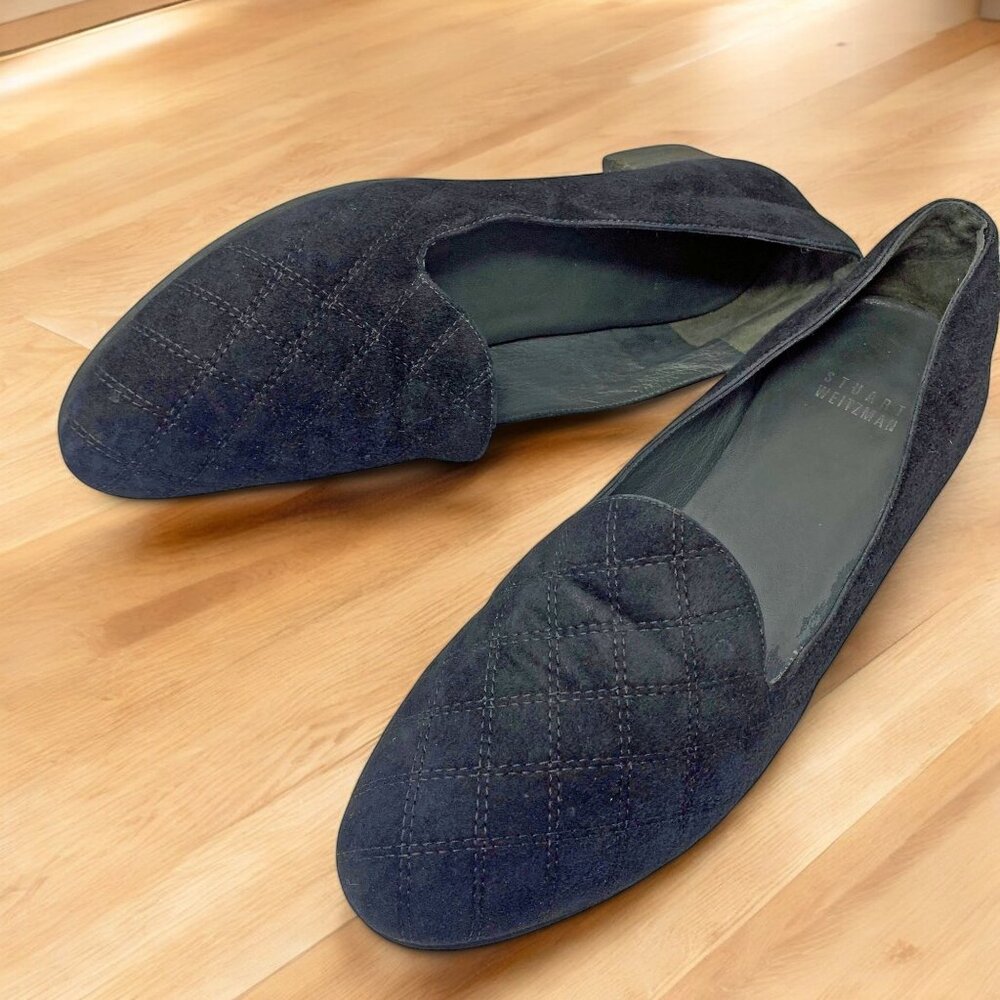 Stuart Weitzman QW00644 Black Quilted Suede‎ Smoking Flats